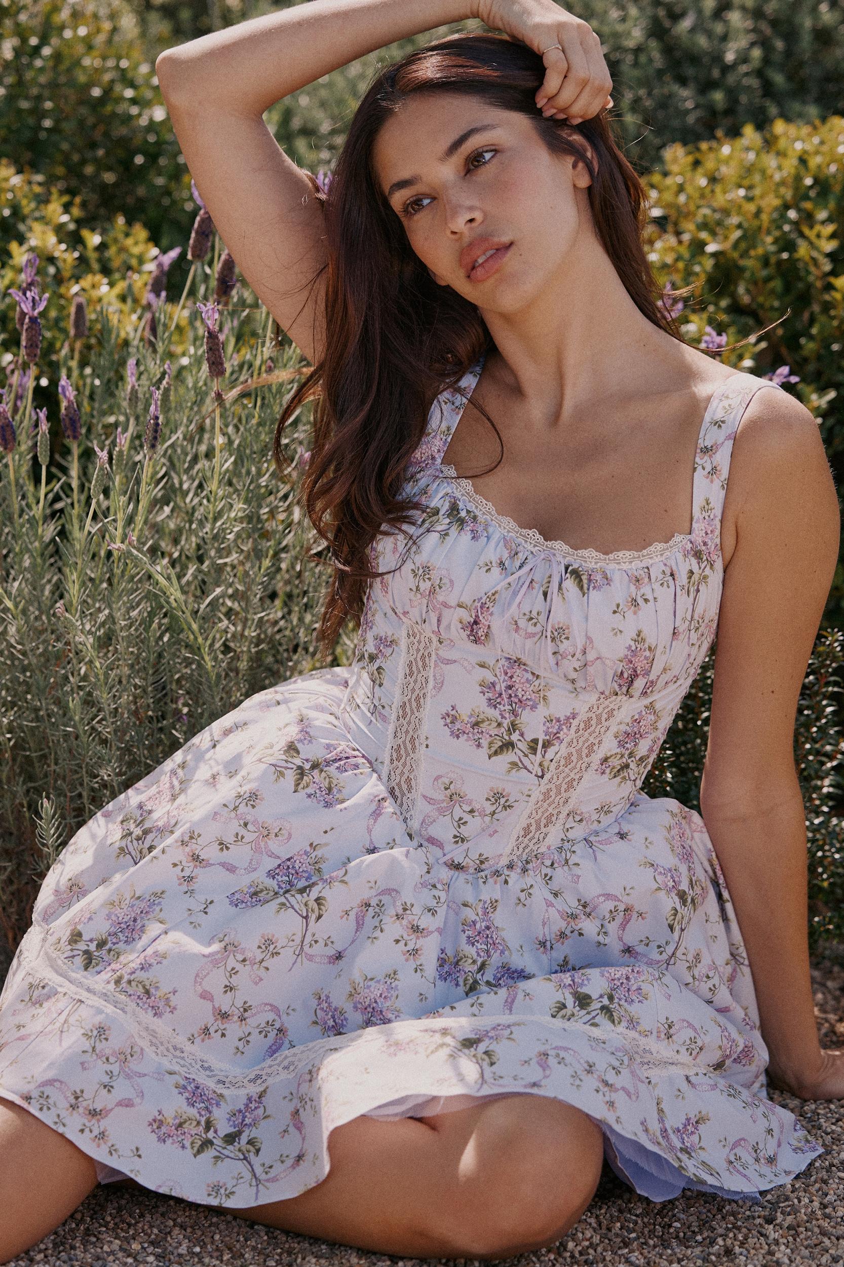 Kimmie  lilac ribbon print cotton mini dress Product Image