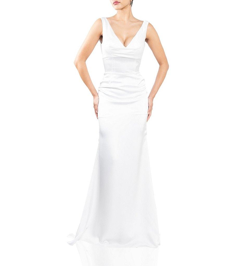 Terani Couture Satin V-Neck Sleeveless V-Back Sheath Gown Product Image