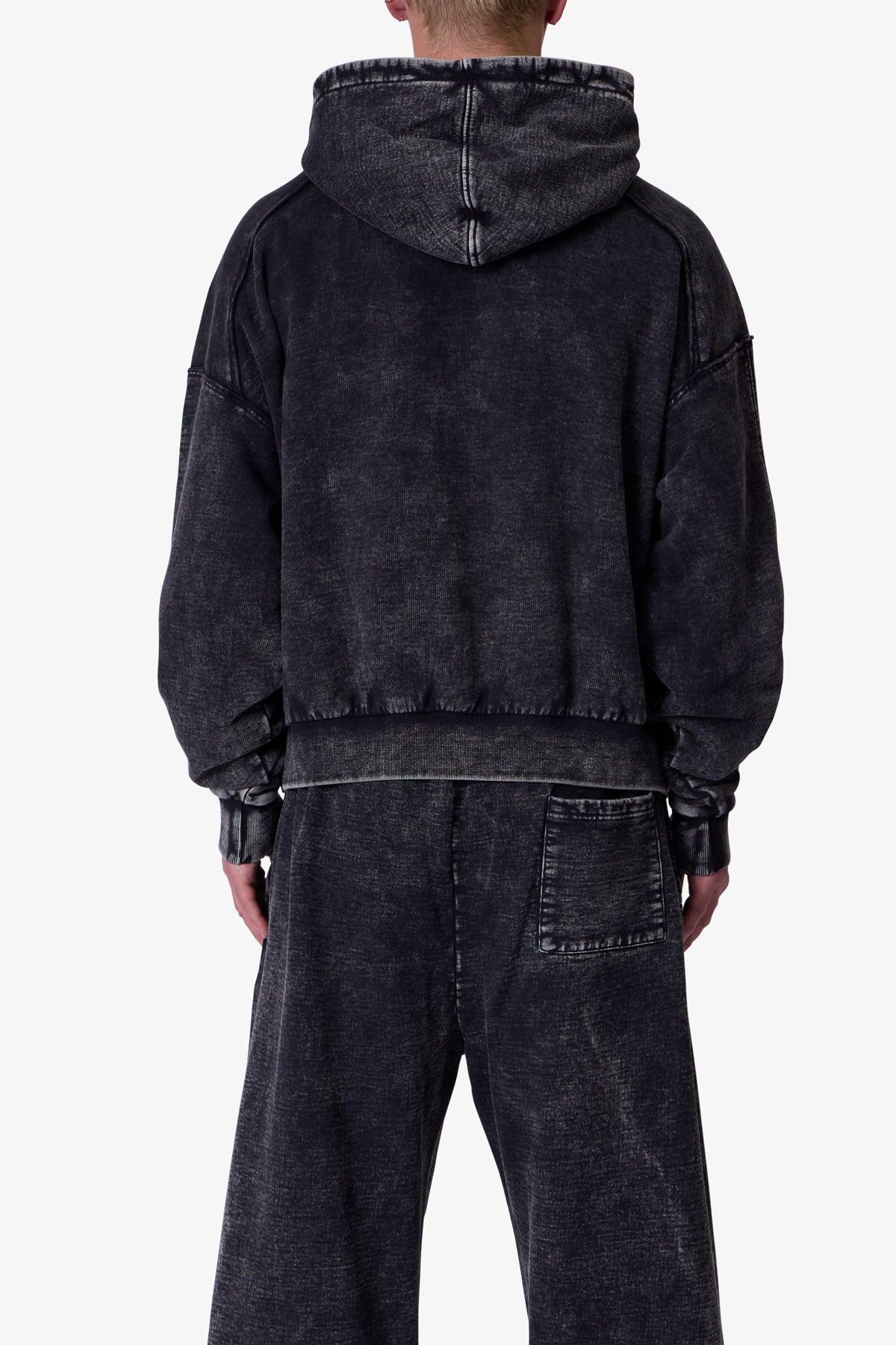Frayed Seam Acid Wash Hoodie - Black Product Image