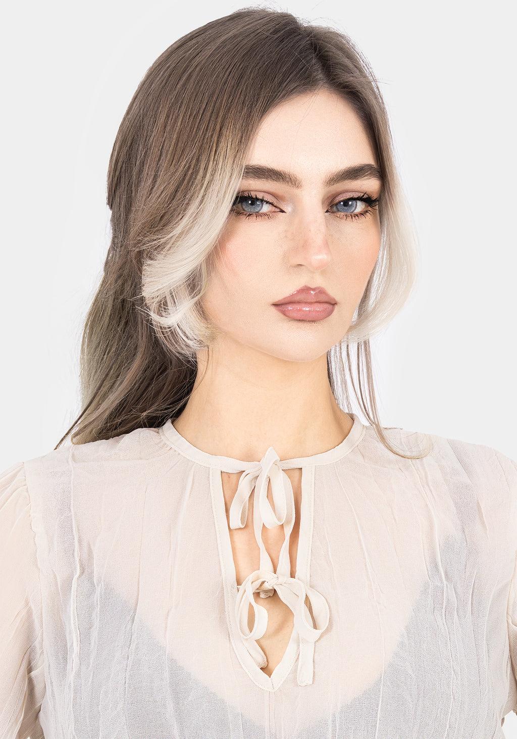 Villain Textured Tie Front Peplum Blouse - White Product Image