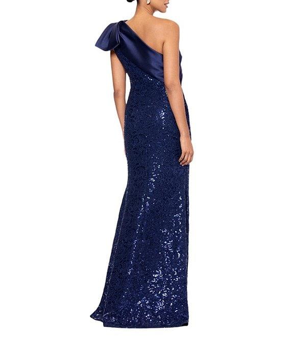 Betsy & Adam Sequin Lace One Shoulder Neck Sleeveless Bow Detail Sheath Gown Product Image