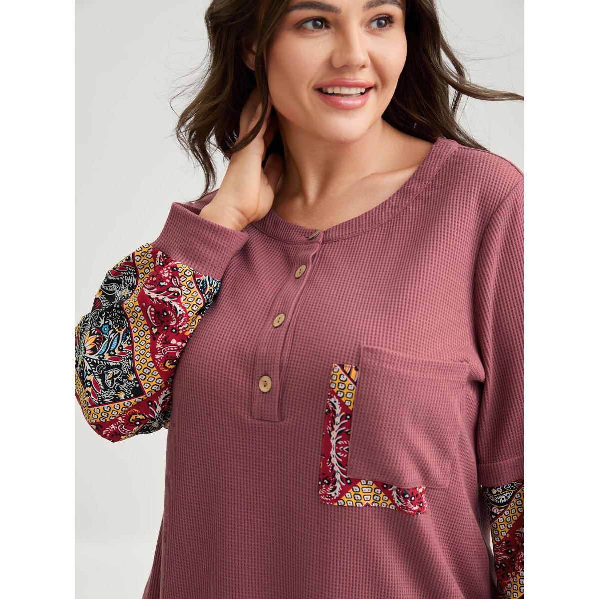 Plus Size Waffle Grid Contrast Paisley Solid Sleeve Sweatshirt Women DustyPink Texture Round Neck Casual Sweatshirts BloomChic 30/6X Product Image