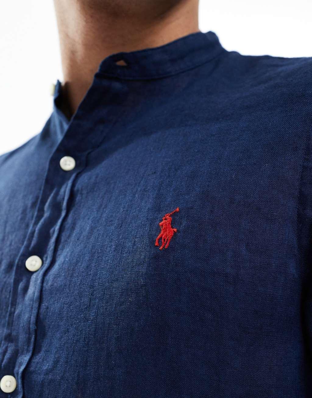 Polo Ralph Lauren icon logo slim fit grandad collar linen shirt in navy Product Image