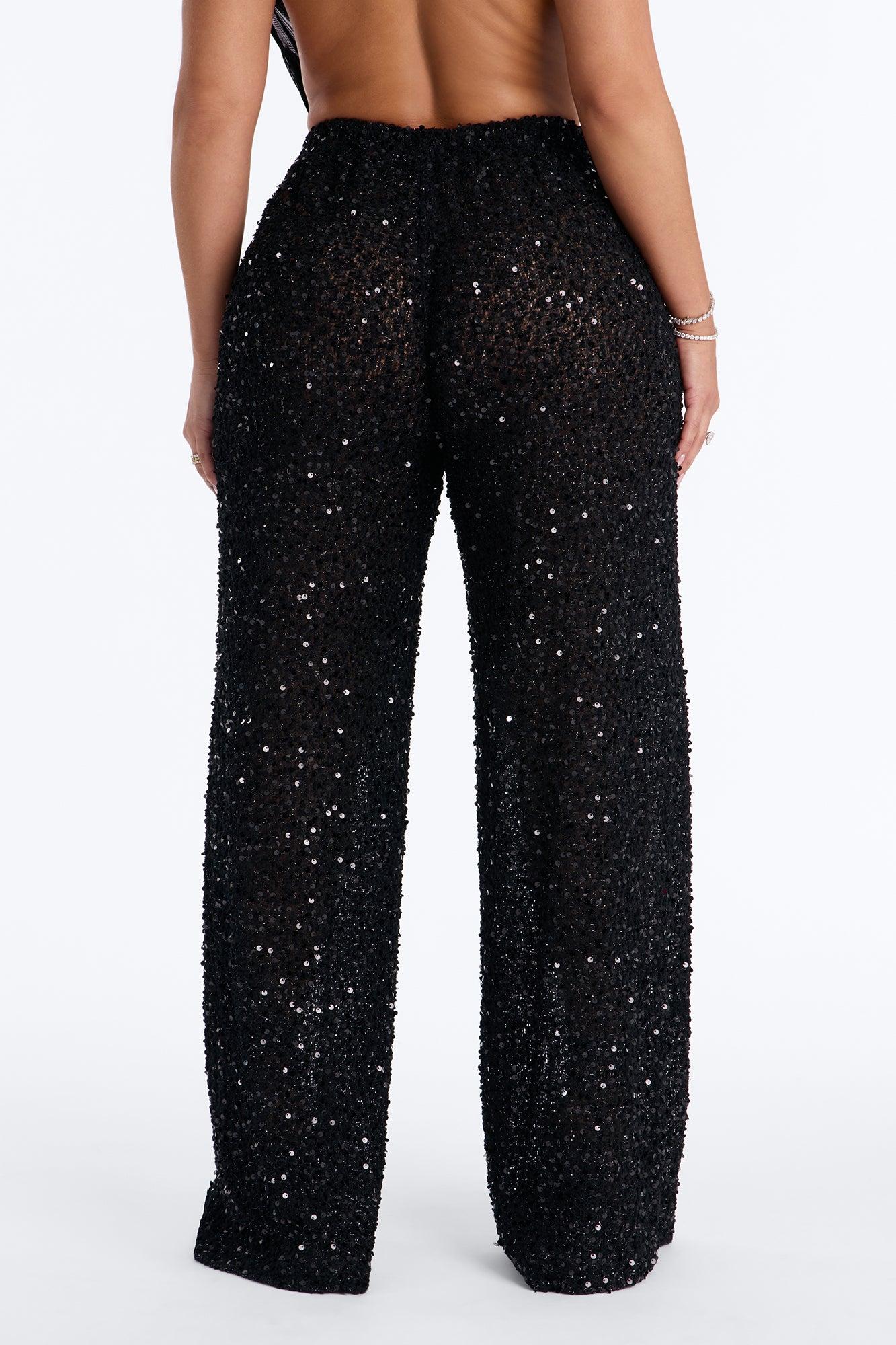 Azalea Low Rise Sequin Crochet Wide Leg Pant 33″ - Black Female Product Image