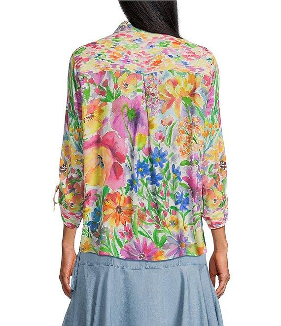 John Mark Petite Size Woven Floral Ruffled Round Neck 3/4 Cinched Tie Sleeve Top Product Image
