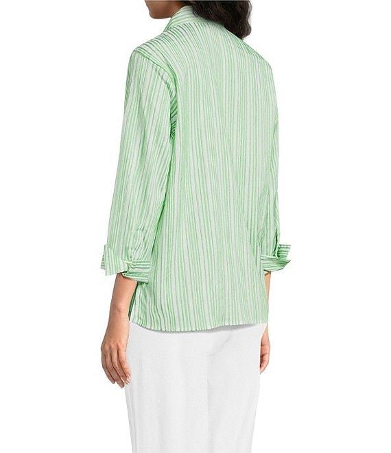 Ali Miles Woven Yarn-Dyed Stripe Wire Collar 3/4 Sleeve Button Front Placket Shirt Product Image