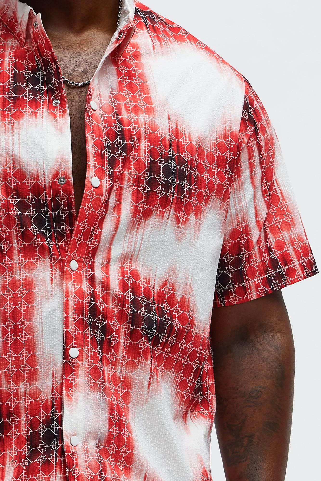Seersucker Tie Dye Printed Closed Collar Shirt - Red/combo Male Product Image