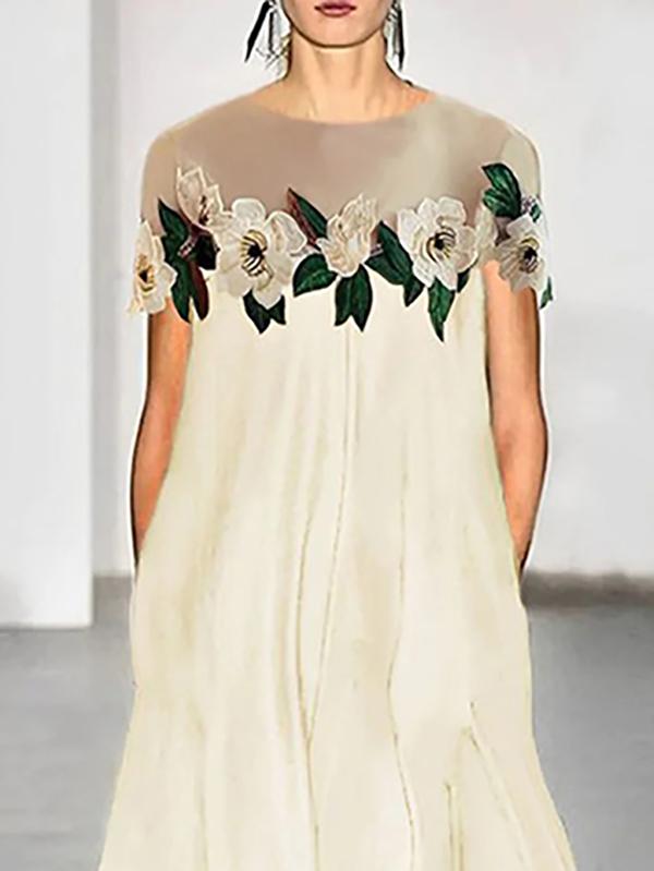 Loose Short Sleeves Flower-Embellished Split-Joint Round-Neck Maxi Dresses Product Image