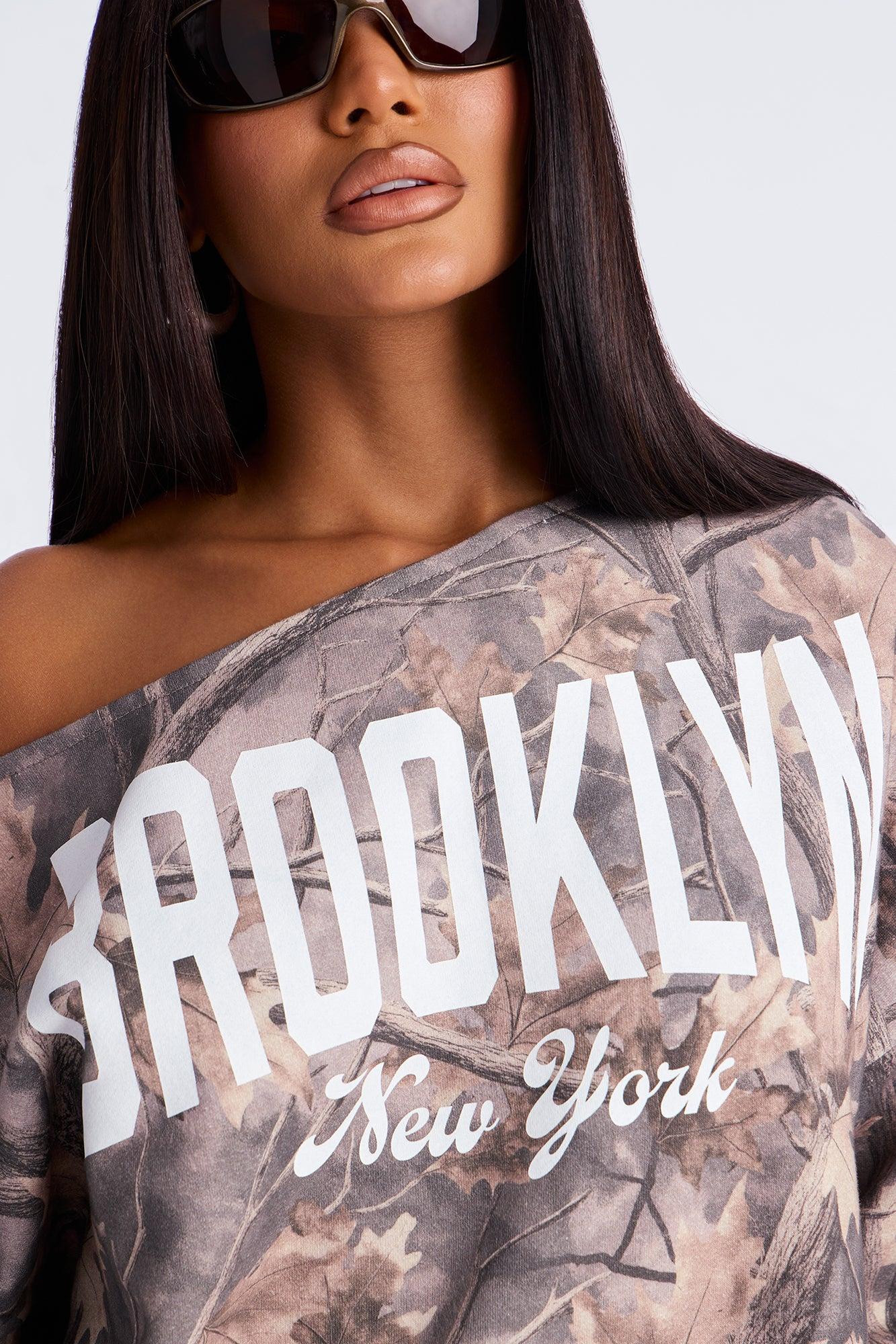Brooklyn NY Camo Off Shoulder Sweatshirt - Olive/combo Female Product Image