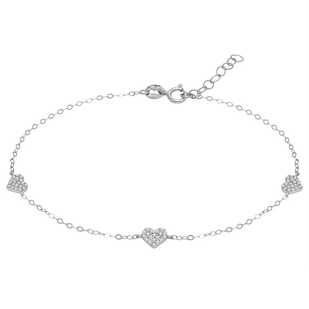 Aleure Precioso Sterling Silver Cubic Zirconia Heart Station Anklet, Women's, Size: 9", White Product Image