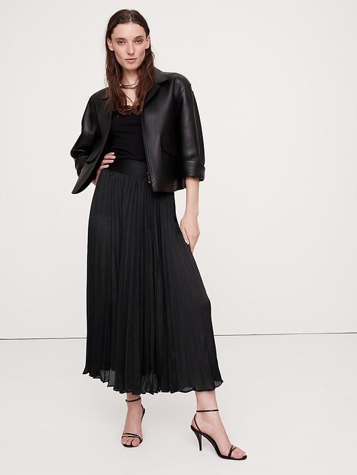Crinkle Satin Pleated Midi Skirt Product Image