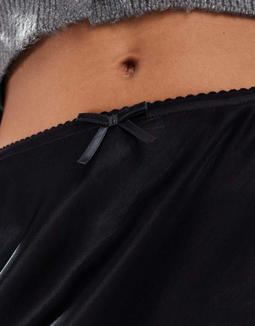 Miss Selfridge satin bias mini skirt with bow in black Product Image