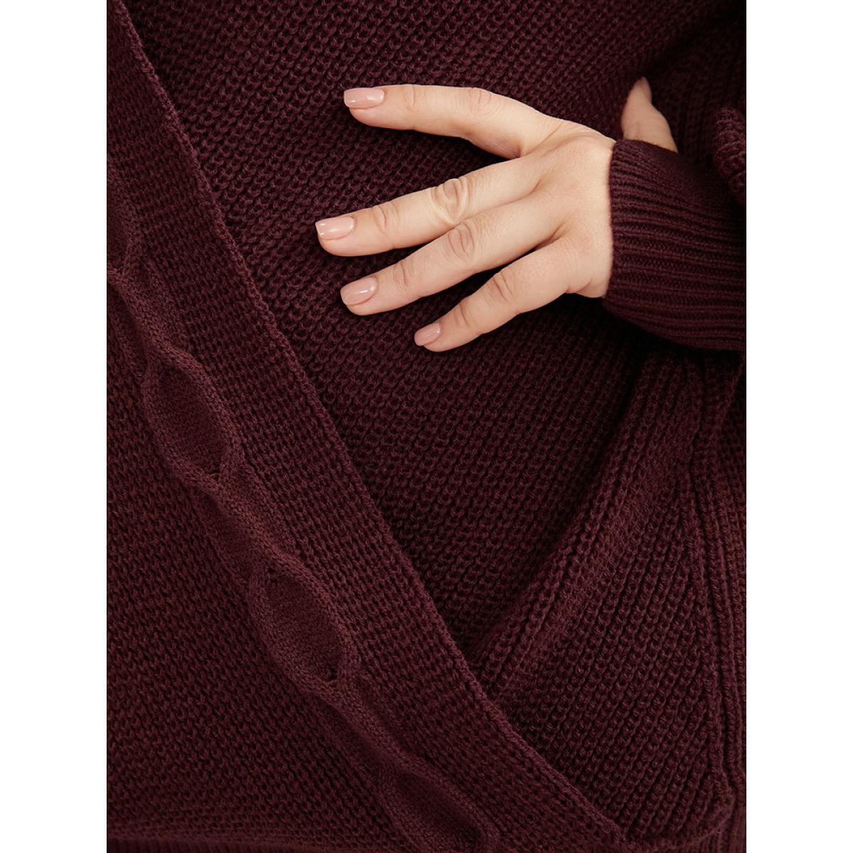 Plus Size Solid Pointelle Knit Surplice Neck Cable Knit Top Scarlet Women Elegant Loose Long Sleeve Overlap Collar Dailywear Pullovers BloomChic 12/L Product Image