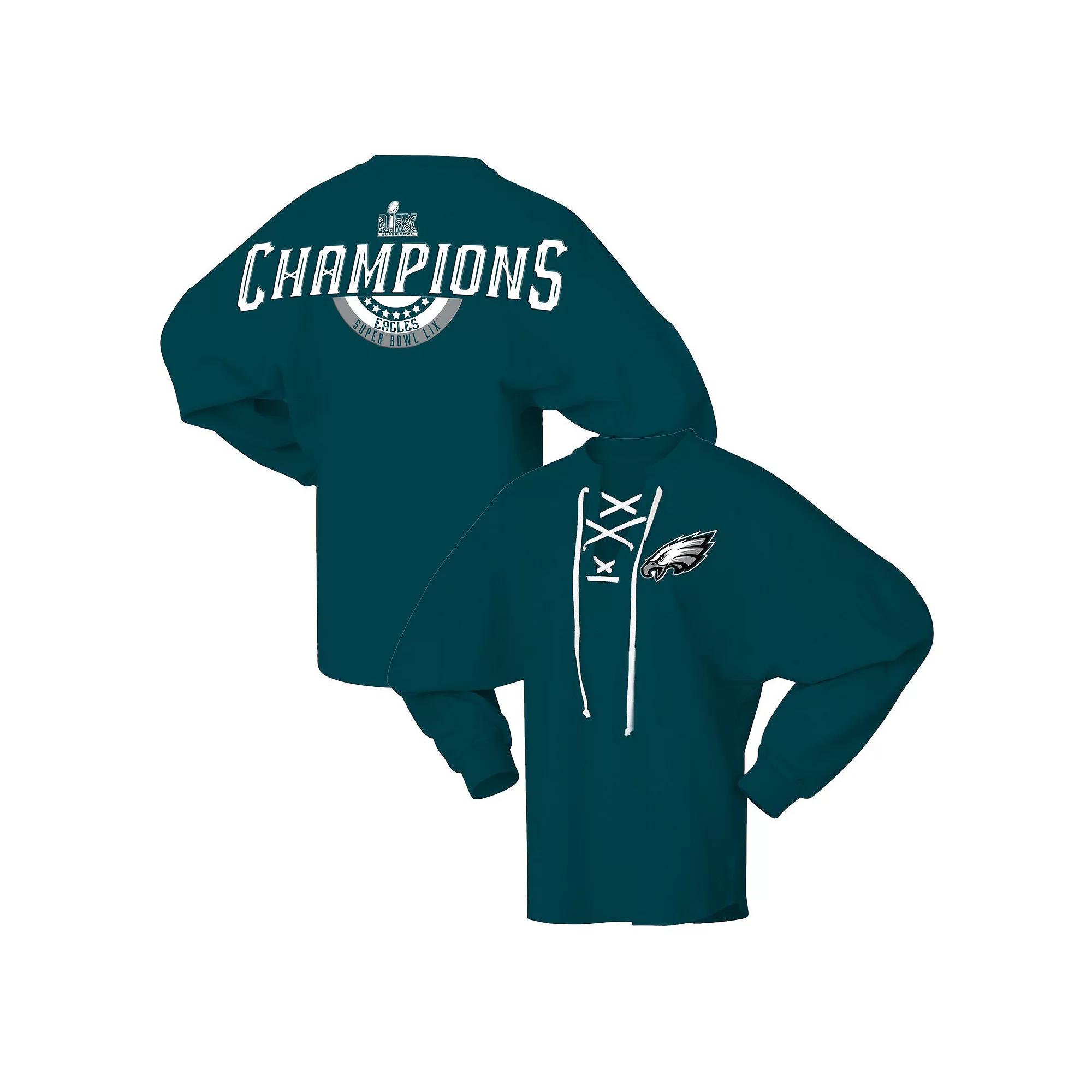 Women's Fanatics  Midnight Green Philadelphia Eagles Super Bowl LIX Champions Lace-Up Spirit Jersey Long Sleeve T-Shirt, Size: 2XL Product Image