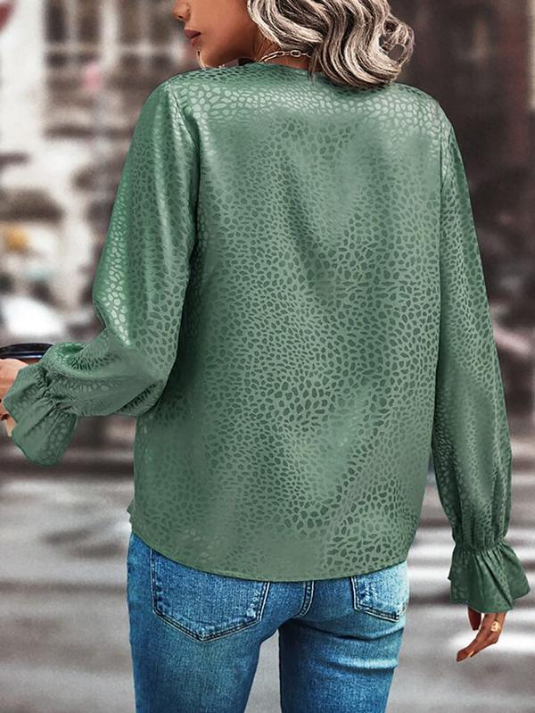 Long Sleeves Loose Elasticity Hollow Jacquard Leopard Split-Joint V-Neck Blouses&Shirts Tops Product Image