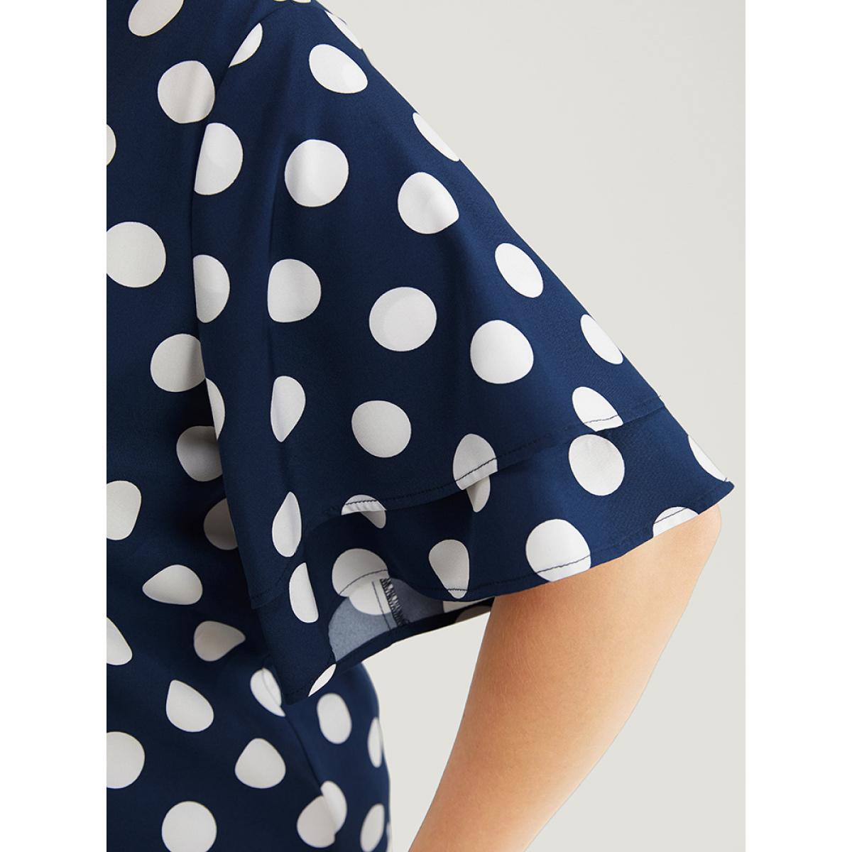 Plus Size Indigo Polka Dot Ruffle Tiered Sleeve Blouse Women Office Short sleeve Round Neck Office Blouses BloomChic 10/M Product Image