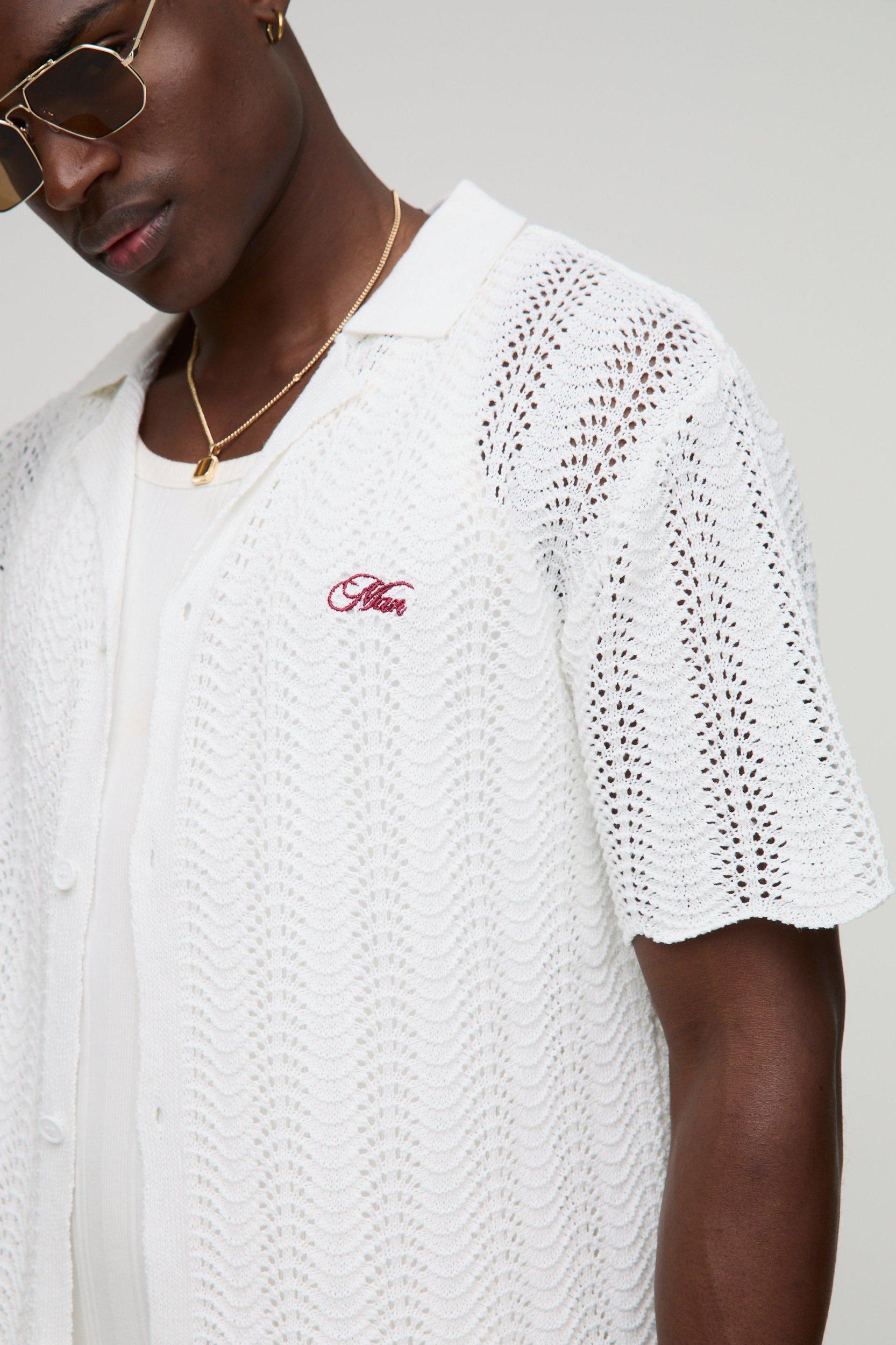 MAN Relaxed Embroidered Wavy Crochet Knitted Shirt | boohooMAN USA Product Image