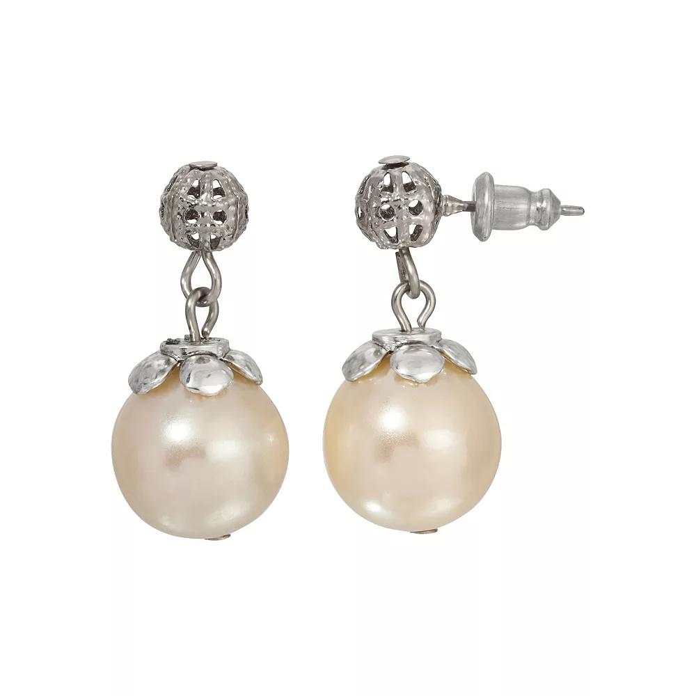 1928 Silver Tone Filigree & Faux Pearl Drop Earrings, Women's, White Product Image