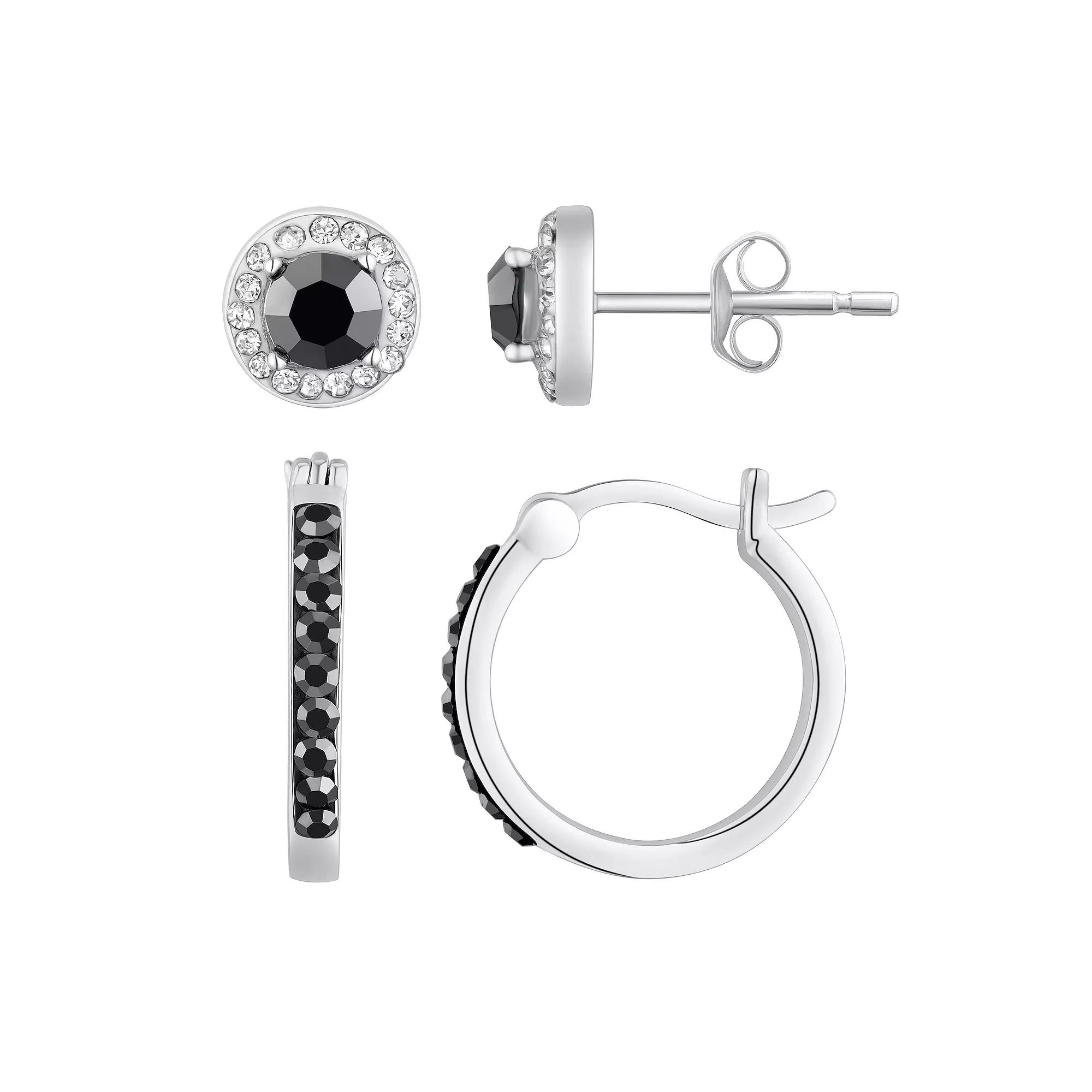 Chrystina Silver Tone Black & White Crystal Stud & Hoop Earring 2-piece Set, Women's Product Image