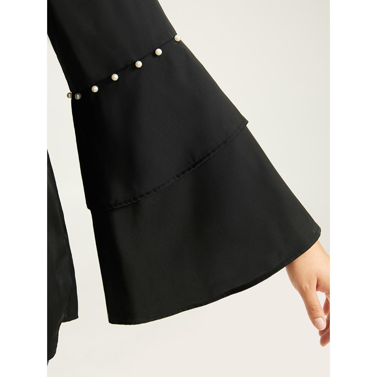 Plus Size Cyan Anti-Wrinkle Pearl Beaded Ruffle Layered Sleeve Blouse Women Glamour Long Sleeve Round Neck Going out Blouses BloomChic 10/M Product Image