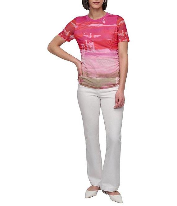 DKNY by Donna Karan Printed Mesh Crew Neck Short Sleeve Ruched Top Product Image