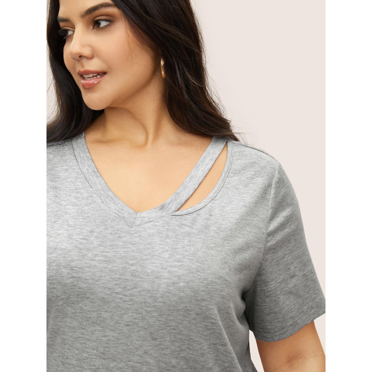 Plus Size V Neck Solid Heather Cut Out T-shirt Gray Women Casual Cut-Out V-neck Everyday T-shirts BloomChic 14-16/1X Product Image