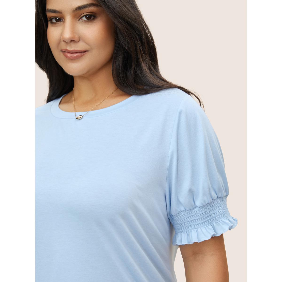 Plus Size Round Neck Solid Shirred Puff Sleeve T-shirt LightBlue Women Elegant Shirred Round Neck Everyday T-shirts BloomChic 12/L Product Image