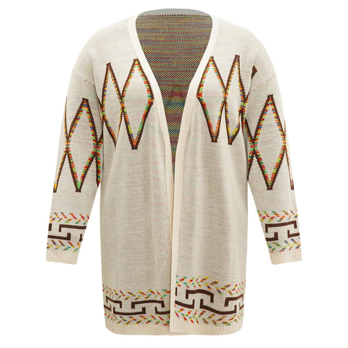 Plus Size Boho Geometric Print Open Front Cardigan Beige Women Casual Loose Long Sleeve Everyday Cardigans BloomChic 10/M Product Image