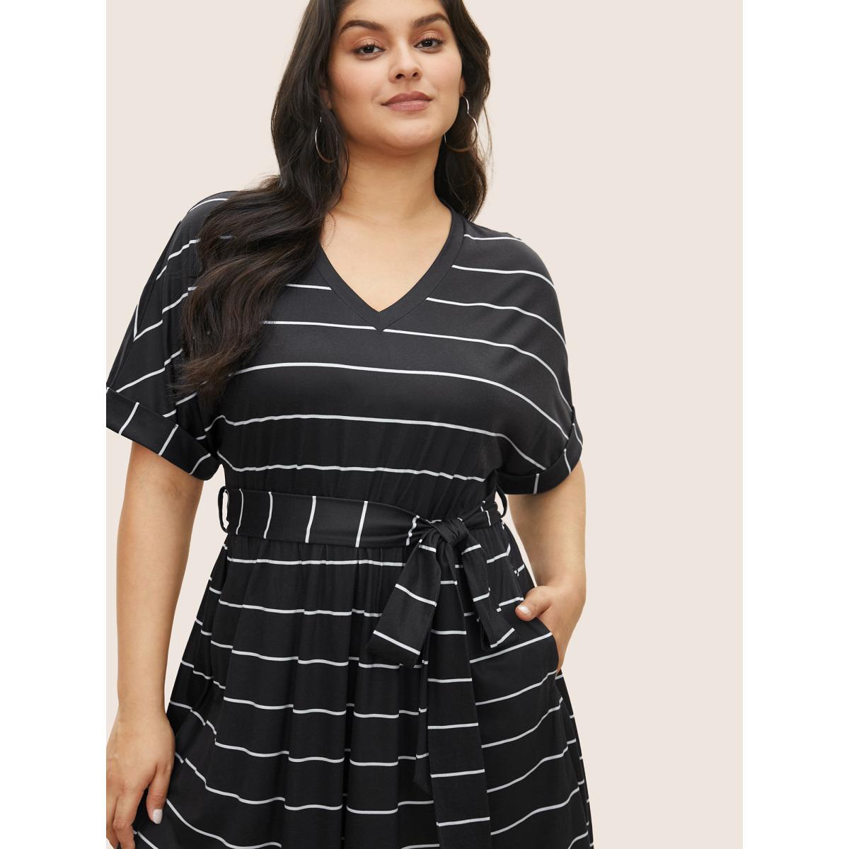 Plus Size Striped Batwing Cuffed Sleeve Belted Dress Black Women Casual Belted V-neck Half Sleeve Curvy Midi Dress BloomChic 10/M Product Image