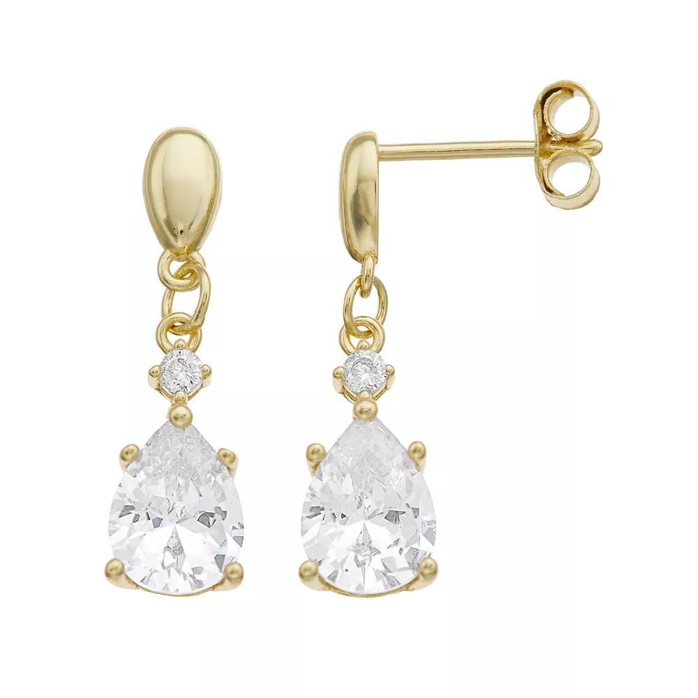 14k Gold Over Silver & Cubic Zirconia Teardrop 2-Stone Dangle Earrings, Womens, Gold Tone Product Image