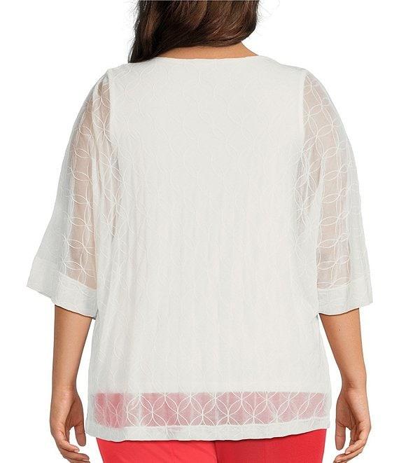 Slim Factor by Investments Plus Size V-Neck 3/4 Sleeve Textured Overlay Top Product Image