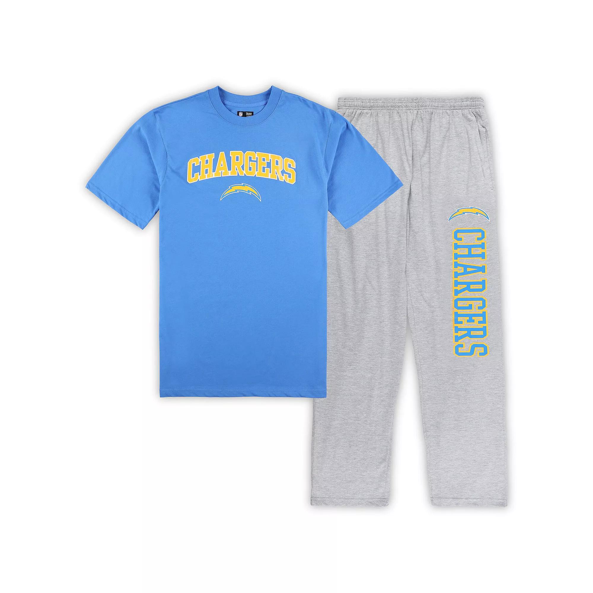 Men's Concepts Sport Powder Blue/Heather Gray Los Angeles Chargers Big & Tall T-Shirt & Pajama Pants Sleep Set,  Product Image