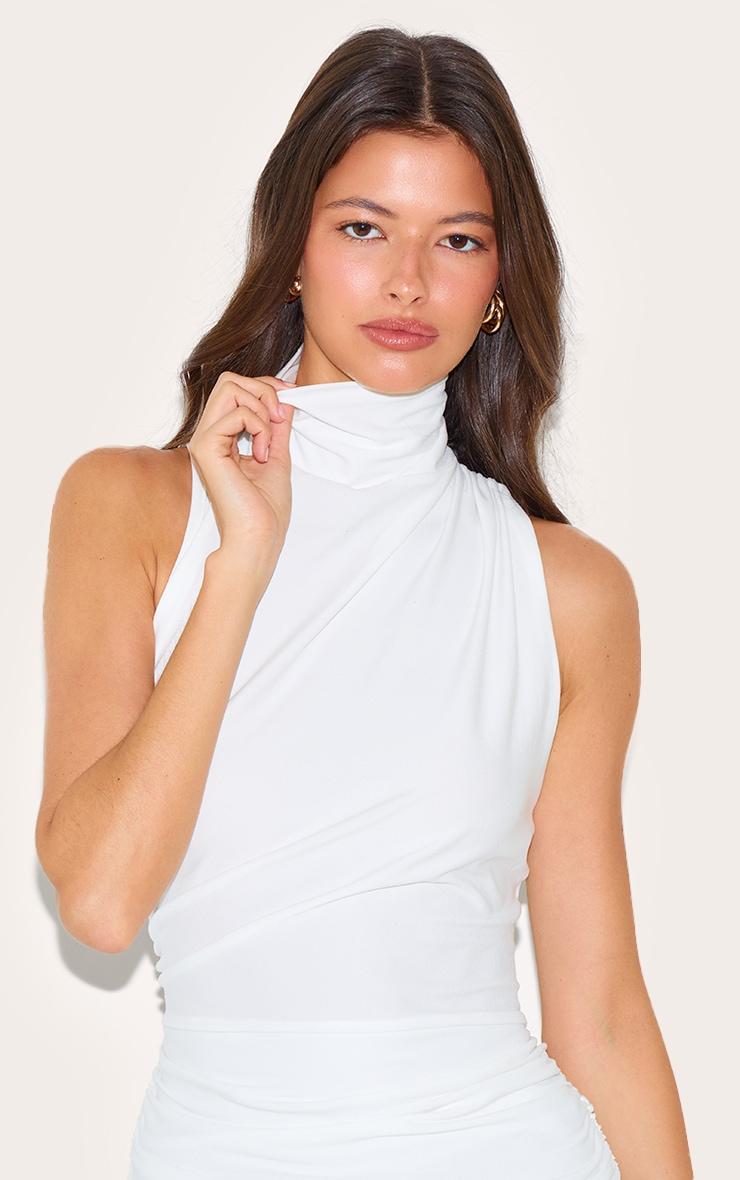 Cream Soft Touch Ruched Side High Neck Top Product Image