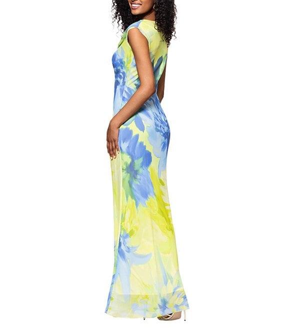 Betsy & Adam Chiffon Floral Print Cowl Neck Sleeveless Sheath Gown Product Image