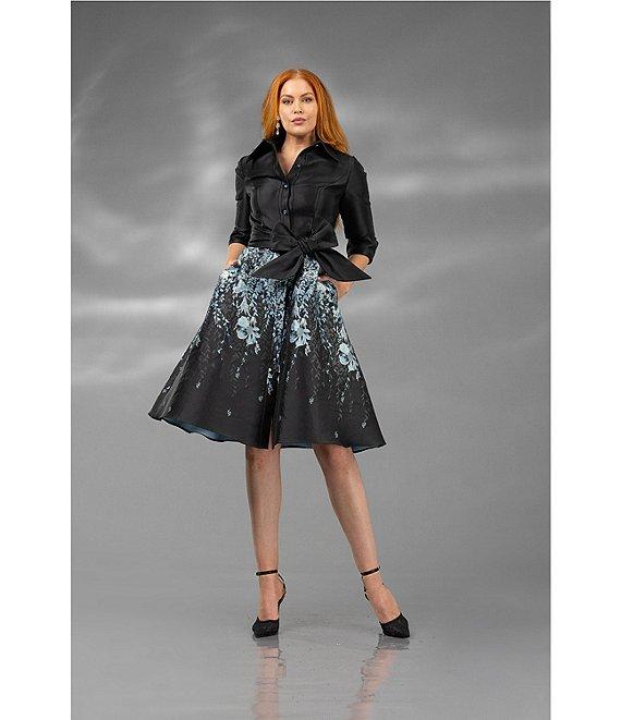 Terani Couture Point Collar 3/4 Sleeve Floral Print Jacquard Shirtdress Product Image