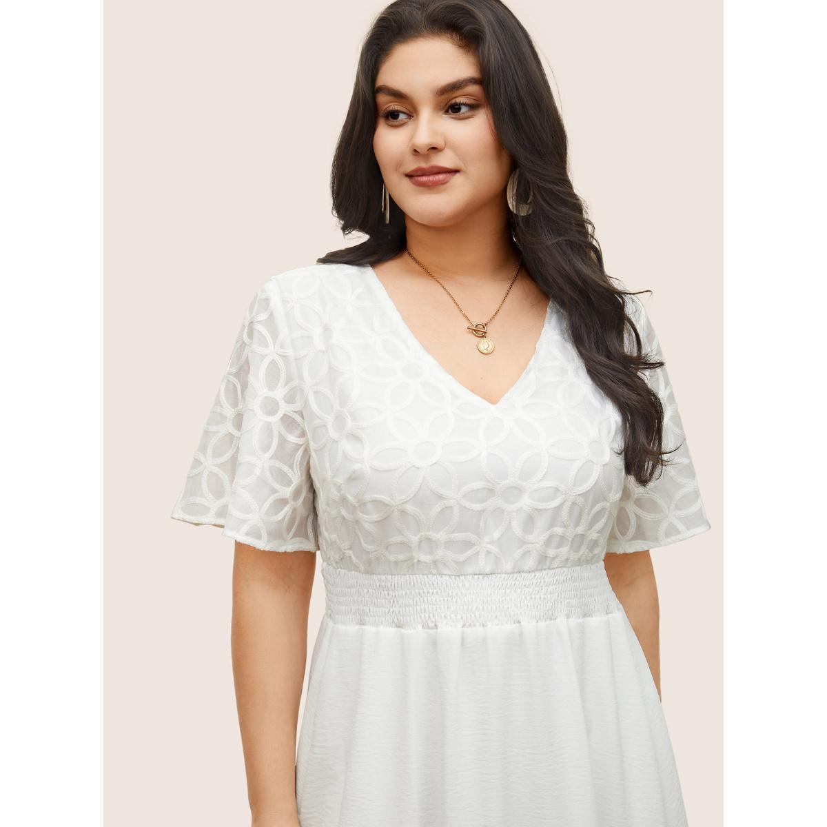 Plus Size Graphic Plisse Shirred Patchwork Flutter Sleeve Dress White Women Elegant Non V-neck Short sleeve Curvy Midi Dress BloomChic 30/6X Product Image