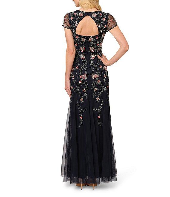 Adrianna Papell Beaded Mesh Floral Print Square Neck Short Sleeve A-Line Gown Product Image