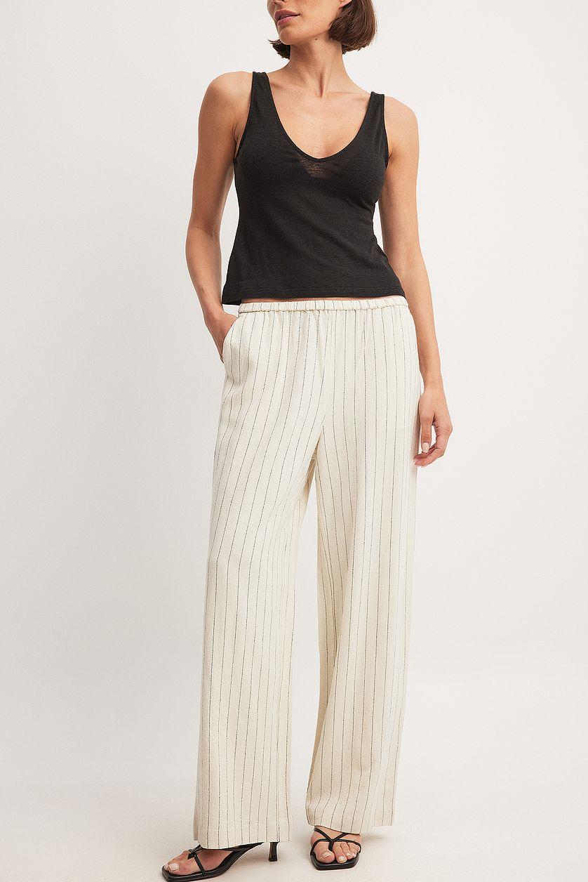 Elastic Mid Waist Linen Blend Pants Product Image