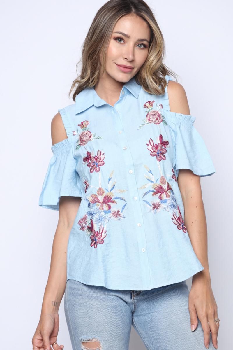 Button down cold shoulder embroidere Product Image