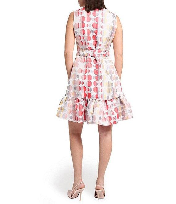 Ming Wang Novelty Woven Jacquard Polka Dot Crew Neck Sleeveless A-line Belted Sheath Dress Product Image