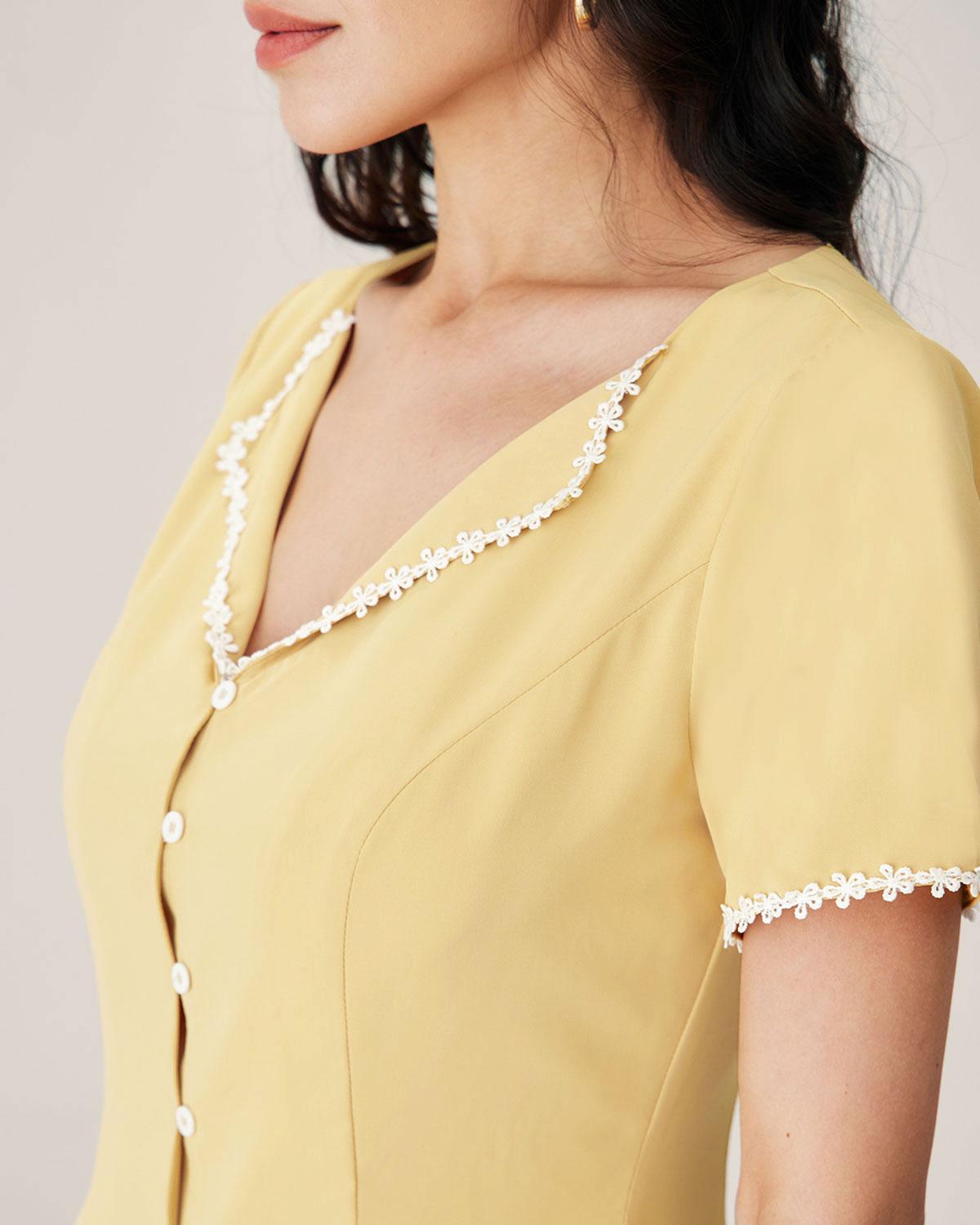 Yellow V-neck Button Mini Dress Product Image