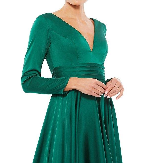 Mac Duggal V-Neck Long Sleeve Satin A-line Midi Dress Product Image