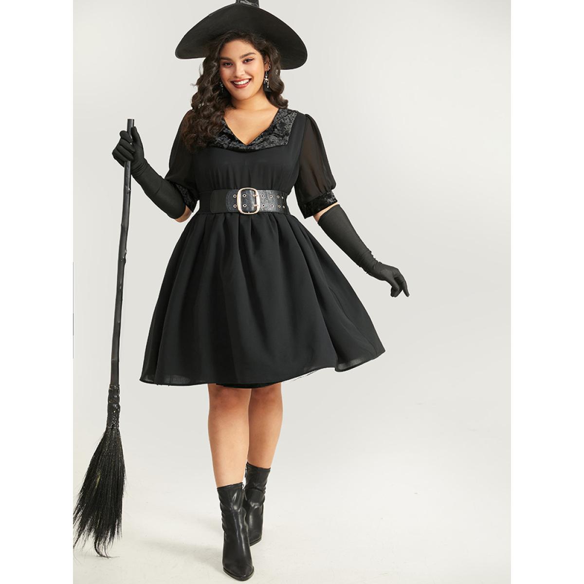 Plus Size Halloween Plain Lapel Collar Lantern Sleeve Mesh Dress Black Women Elegant See through V-neck Half Sleeve Curvy Knee Dress BloomChic 14-16/1X Product Image