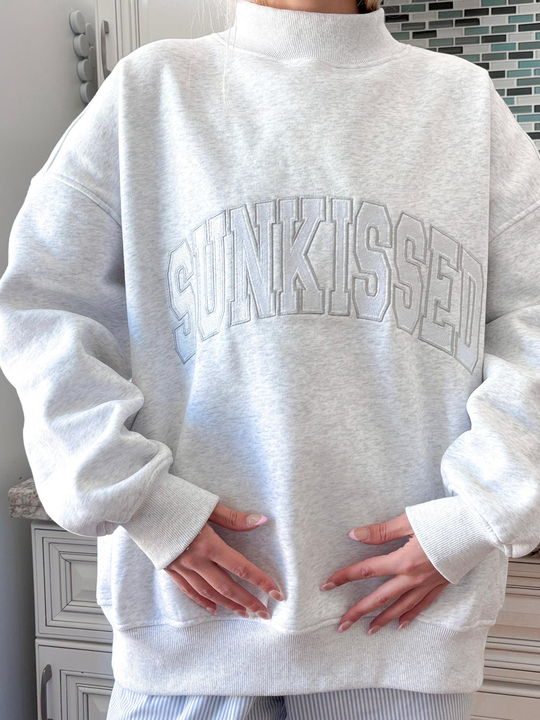Pearl Grey Mockneck Sunkissed Varsity Embroider Sweatshirt Product Image
