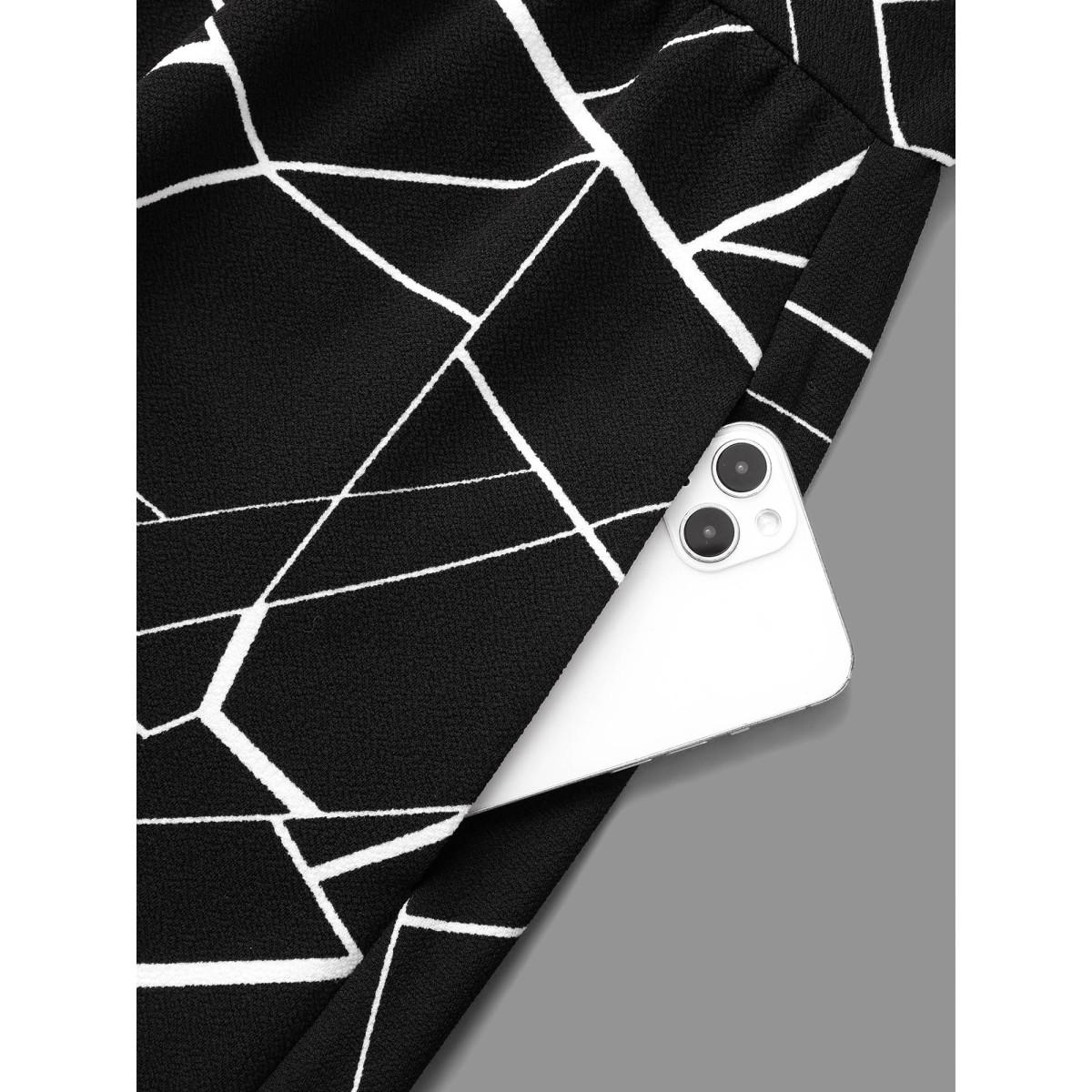 Plus Size Geometric Keyhole Elastic Waist Midi Dress Black Women At the Office Distressed Round Neck Elbow-length sleeve Curvy BloomChic 26/4X Product Image