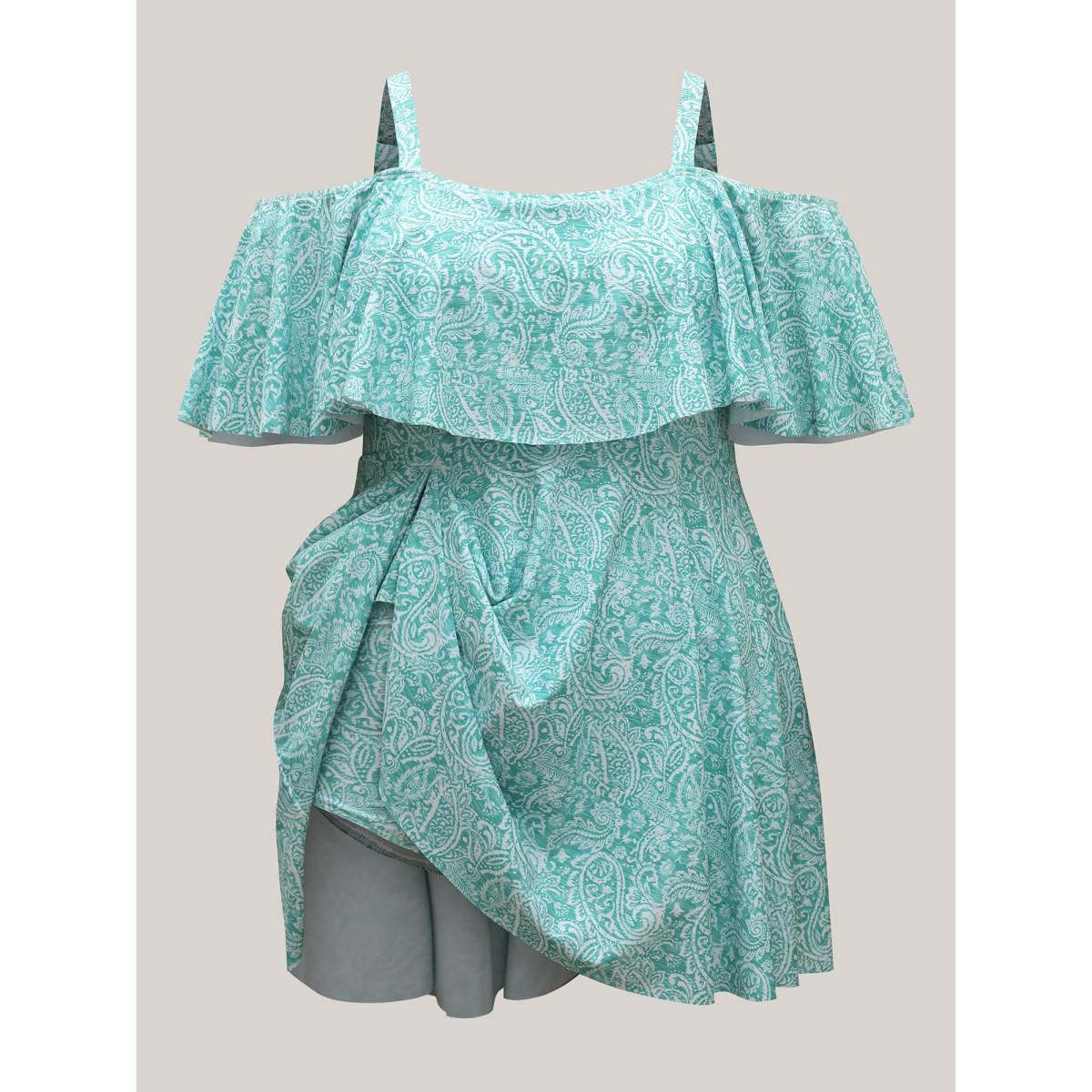 Plus Size Anti-Float Tie Paisley Print Swim Dress Women's Swimwear Malachitegreen Resort Bodycon One-shoulder neck High stretch Curve Swim Dresses BloomChic 30/6X Product Image