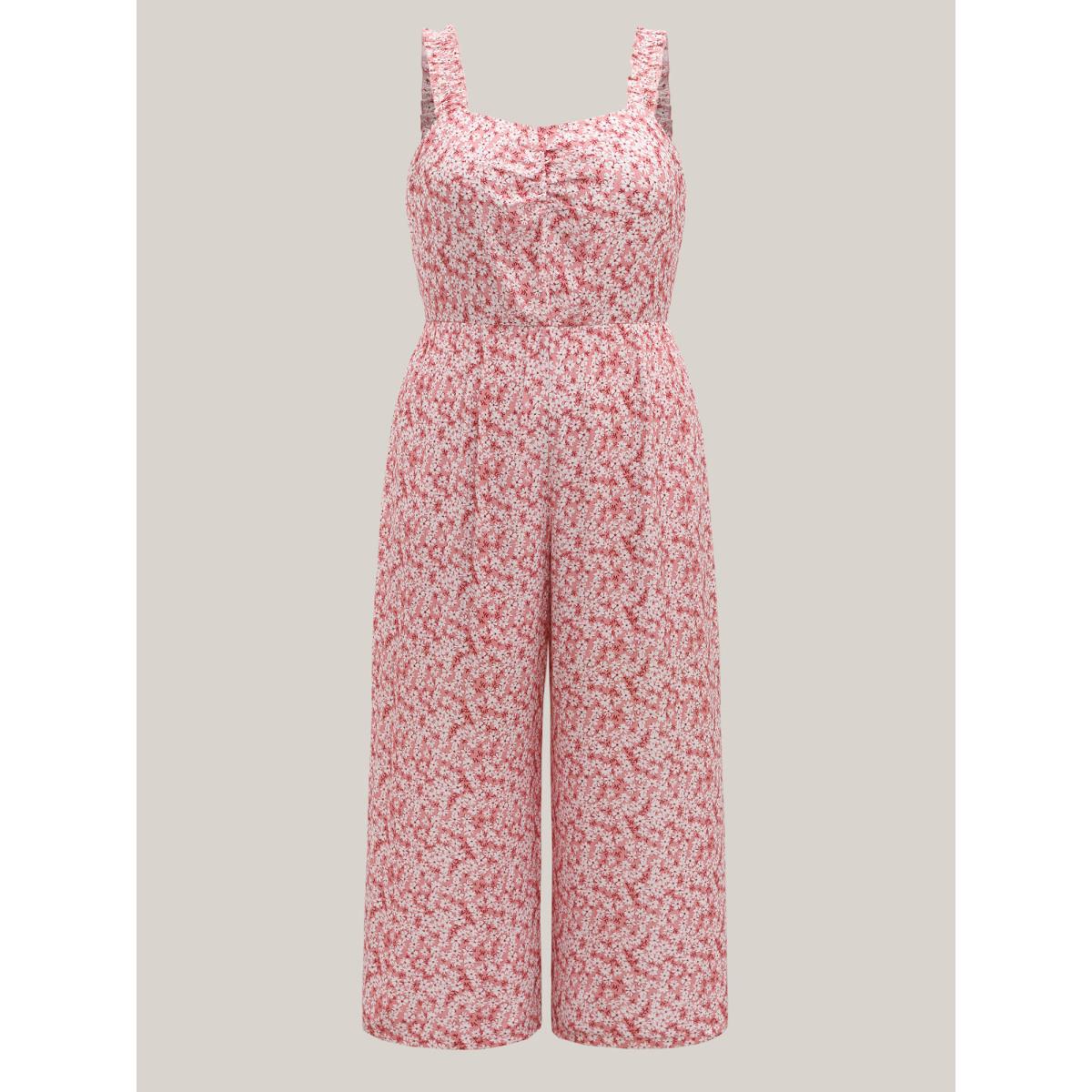 Plus Size Blush Pleated Bodice Petal Trim Straps Jumpsuit Women Sleeveless Non Everyday-Casual Loose Jumpsuits BloomChic 18-20/2X Product Image