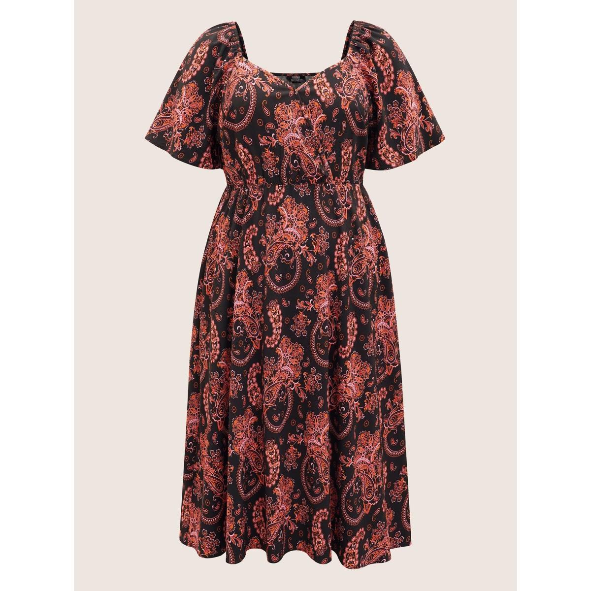 Plus Size Overlap Collar Boho Print Ruffle Sleeve Dress Black Women Resort Gathered Overlap Collar Short sleeve Curvy BloomChic 12/L Product Image