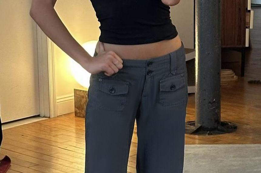 Low Waist Plain Straight-Fit Boot-Cut Pants Product Image