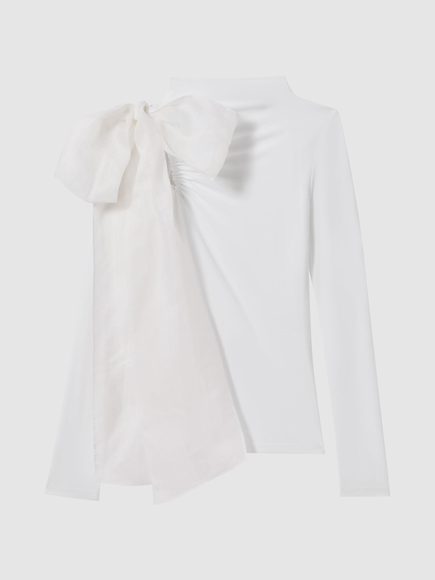 Long Sleeve Bow T-Shirt in White Product Image